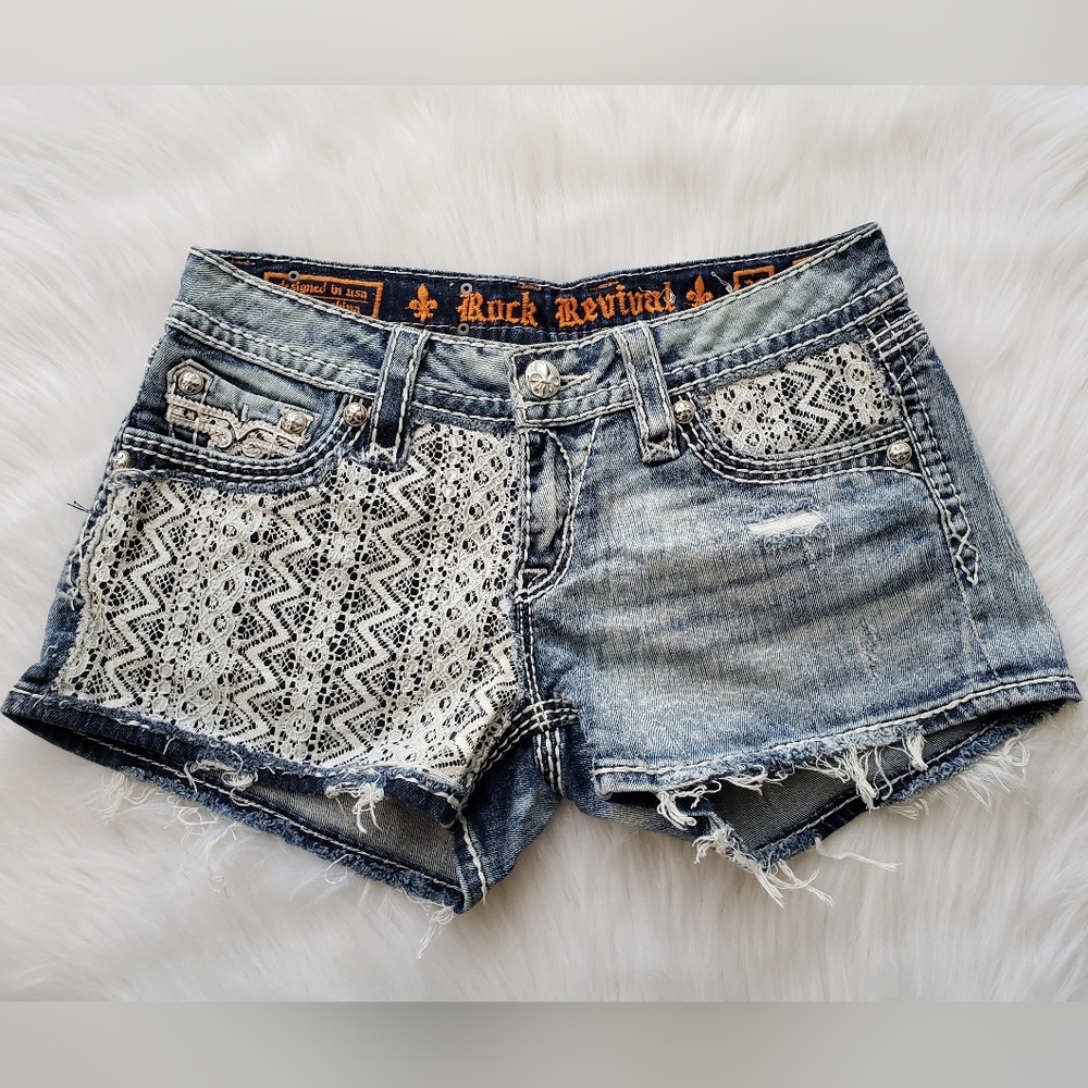 Rock Revival Blue Distressed Jean Shorts with Lace Overlay